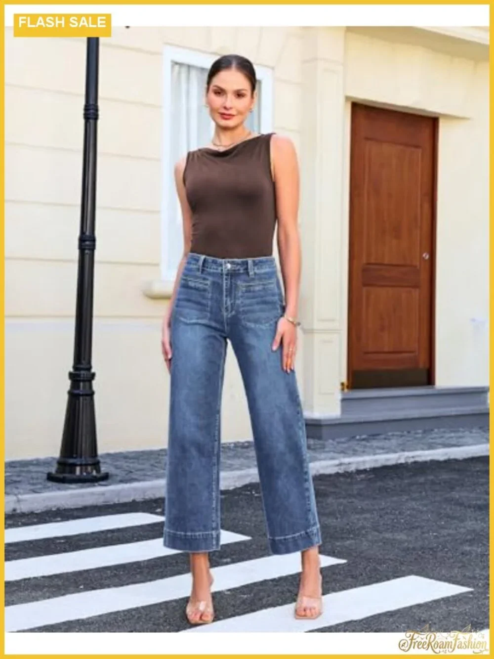 Wide Leg High Waisted Cropped Jeans Women Stretchy Denim Patch Pocket